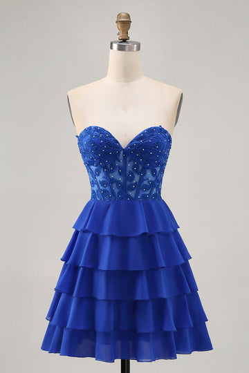 Royal Blue Strapless A-Line Tiered Corset Homecoming Dress with Beading